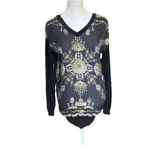 MARCHESA VOYAGE Black wool silk Sweater Shirt Gold design Size Small - EUC